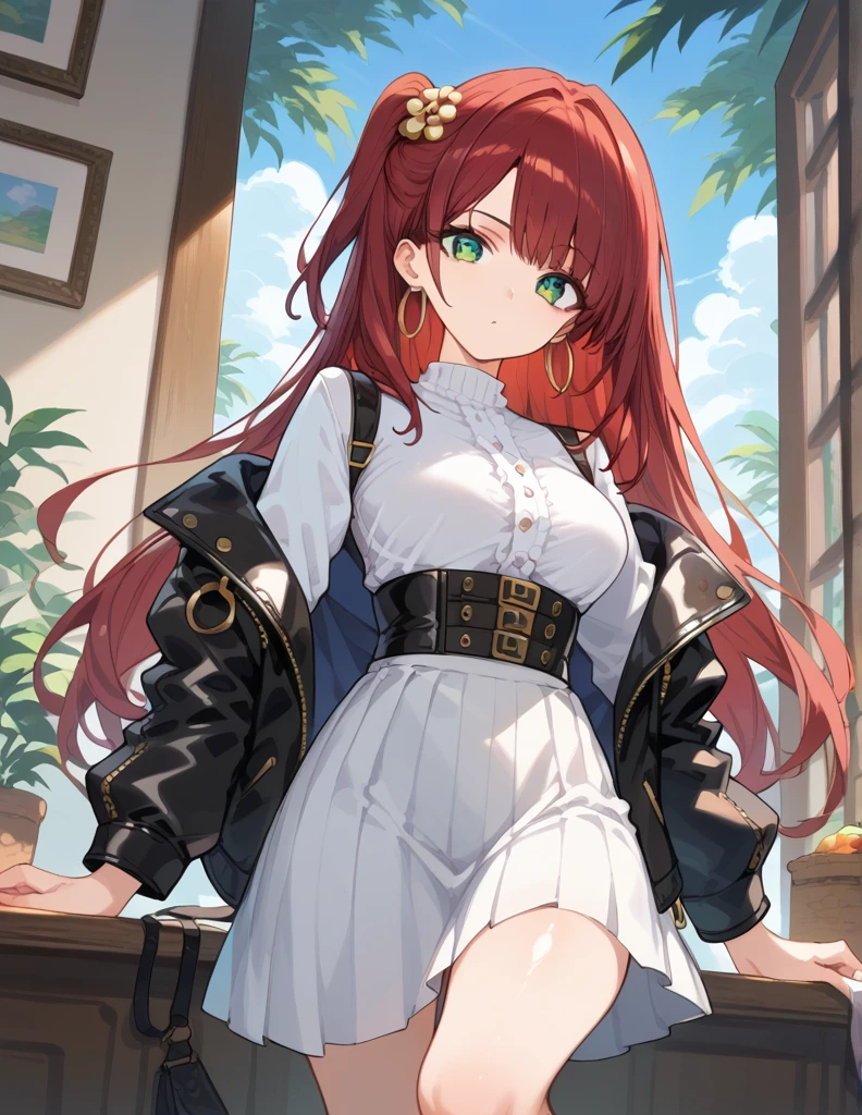 score_9, score_8_up, score_7_up, source_Cartoon, Morning Fragrance  ,   red hair, (green eyes, one side up),,hair accessories,   Shiny Skin , long hair, Hoop Earrings... White Leather Jacket... Black High Waist Skinny Skirt.Leather Black Horse Boots ..