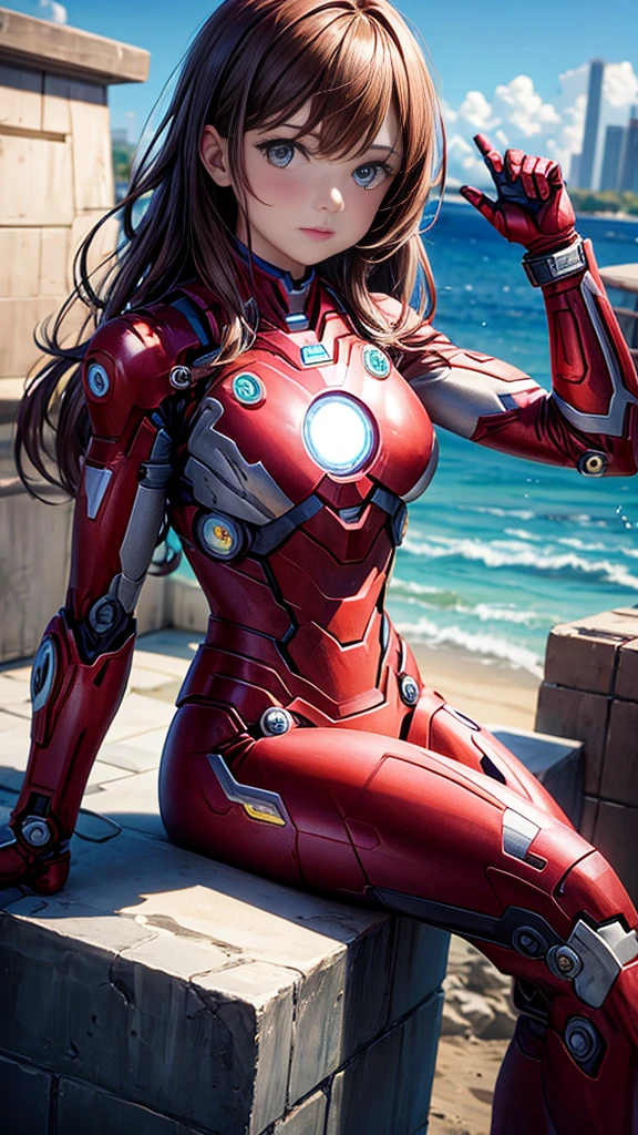 （ultra best quality、in 8K、masuter piece、delicate illustration、full body Esbian）,(Wearing a shocking pink and white Iron Man suit:1.1)、A beautiful and bewitching Japanese 25-year-old woman、Plump body、Colossal tits、A dark-haired、A slight smil、(Stand kneeling)、the beach