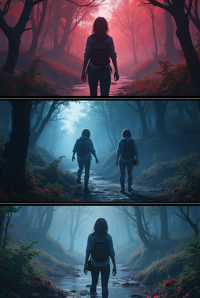 A beautiful detailed triptych, hyperrealistic manga RPG style, vibrant colors, highly detailed characters reminiscent of Sweet Home, intricate horror backgrounds, dramatic lighting, masterful composition, photorealistic render, cinematic atmosphere