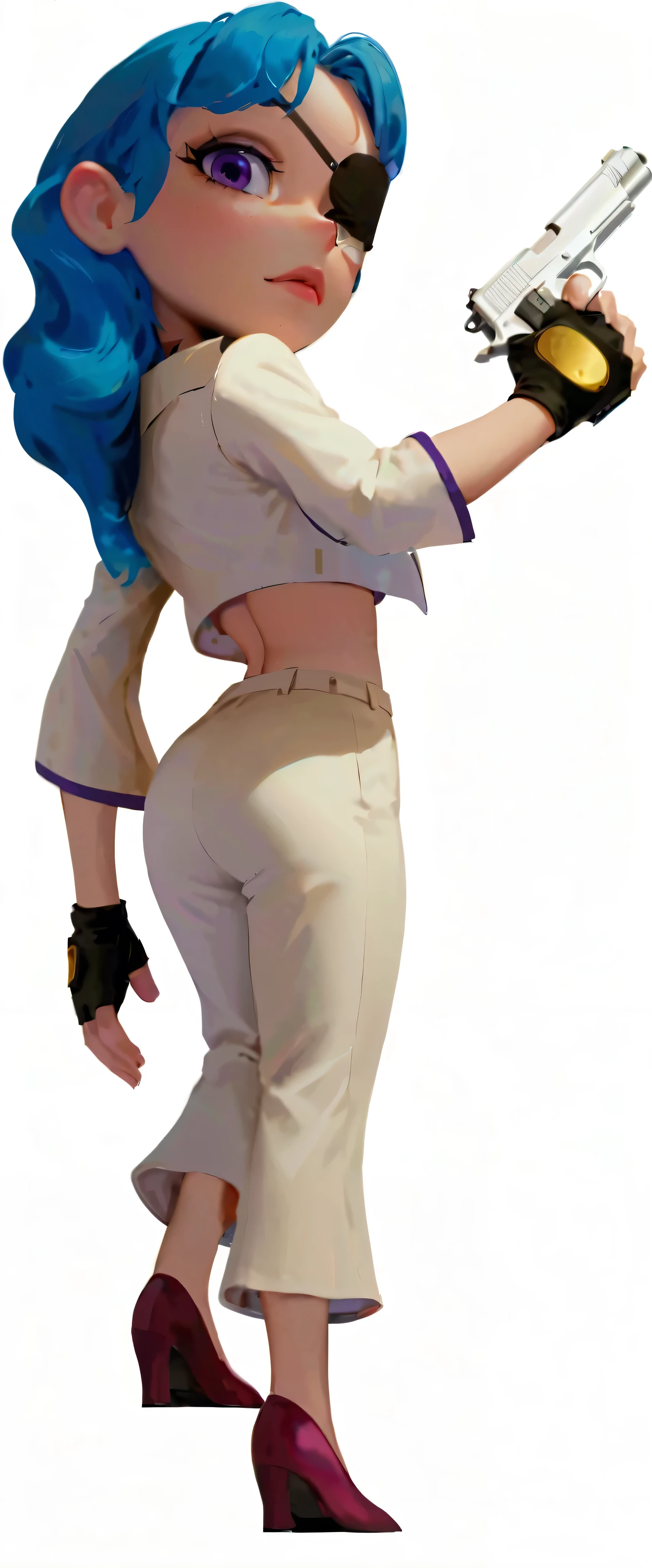  A cartoon of a gang girl looking up is more graphic，Back to camera， looking back at the camera ， right hand holding a handgun ，Blue curly hair ， Realistic hair texture ， with a blindfold on the left eye ， right eye showing up the camera ，Purple pupils， More pupil details ， stepping up the stairs ， wearing a white suit ， high-waisted suit jacket ，Exposes the skin of the lower back， wearing black half-cut gloves ，UE5 Rendering，3D Rendering，Cartoon Characters， More realistic details ，Backlight and shadow 