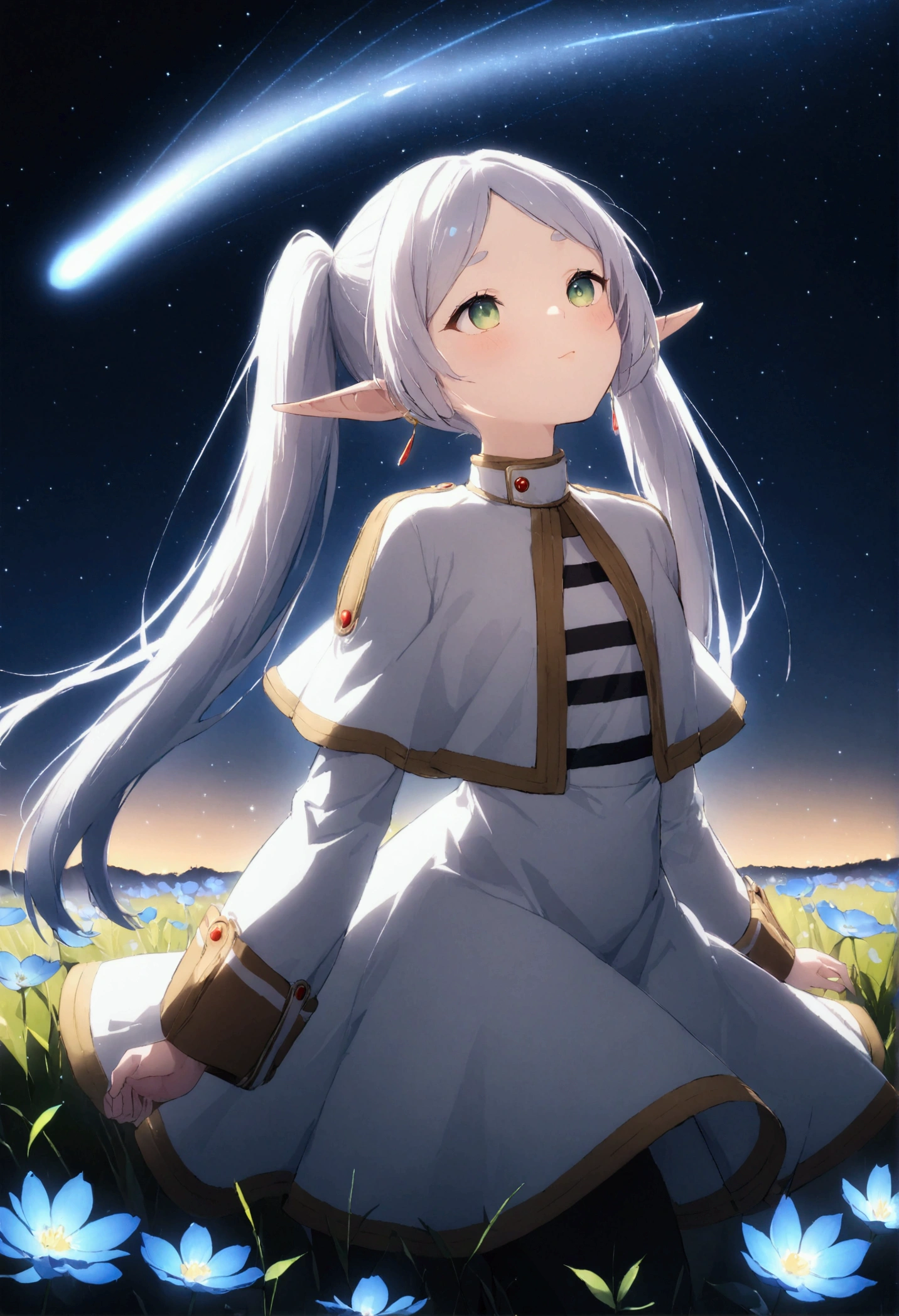  High image quality 、masterpiece、   high quality、Full HD、4K、 standing、 one girl sitting on the ground 、Side view、 Funeral Freelen、 Silver Hair、 twin tails、Green Eyes、Elf Ears、 White Dress 、 striped inner、skirt with gold hem 、Black tights、 flat chest、Blushing cheeks 、 looking up at the sky 、Look Up、Put your hands on your chest smiling 、Blue Flower Field、 standing in a field of flowers、The blue petals are flying、Night Sky、 shooting stars、Meteor Shower