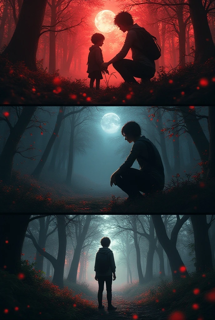 A beautiful detailed triptych, hyperrealistic manga RPG style, vibrant colors, highly detailed characters reminiscent of Sweet Home, intricate horror backgrounds, dramatic lighting, masterful composition, photorealistic render, cinematic atmosphere