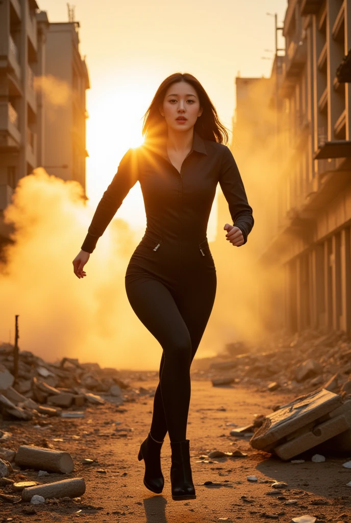 A photorealistic side-view of a Korean woman in a sleek, fitted military outfit running through an explosive, war-torn area during sunset. The golden evening light streams across the scene, highlighting her form as she dodges flying debris. Abandoned buildings with broken windows and crumbling walls frame the background, bathed in warm sunlight that contrasts with the intense shadows from explosions, adding to the drama of the moment.