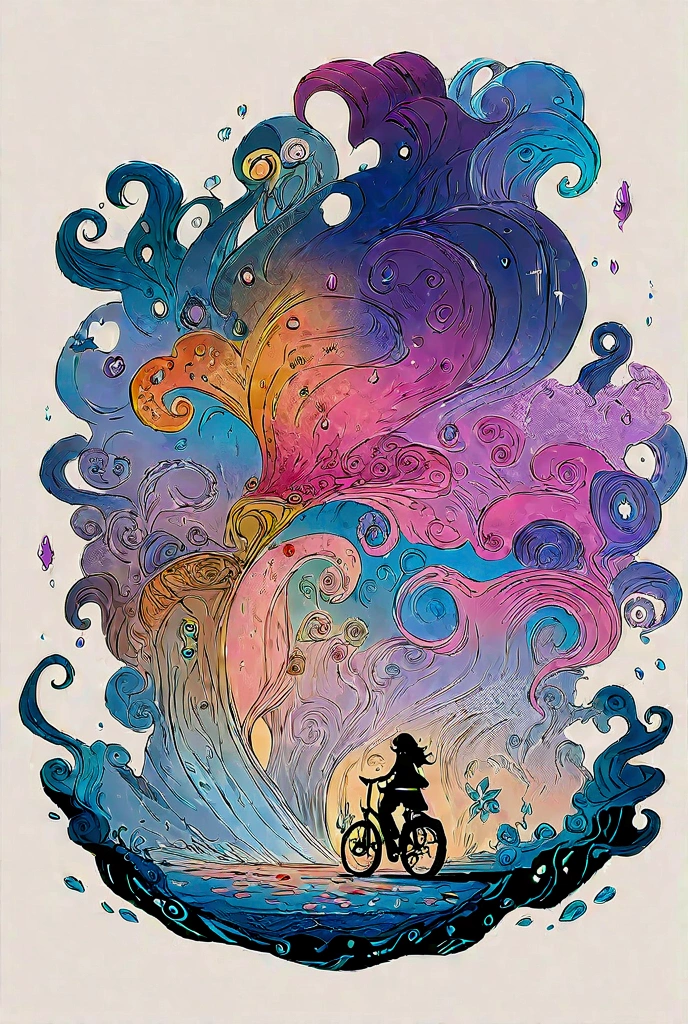 There is a picture of a woman riding a bicycle underwater,  Whimsical Fantasy Scenery , Surreal concept art,  4k Highly Detailed Digital Art, Highly detailed official artwork,  fantasy matte painting， Fantasy Painting Style ,  Colorful Concept Art ,  magical realism matte painting,   Epic Surrealism 8k Oil Painting  、Inspired by Katsuya Terada、 Terada Katsuya's Style