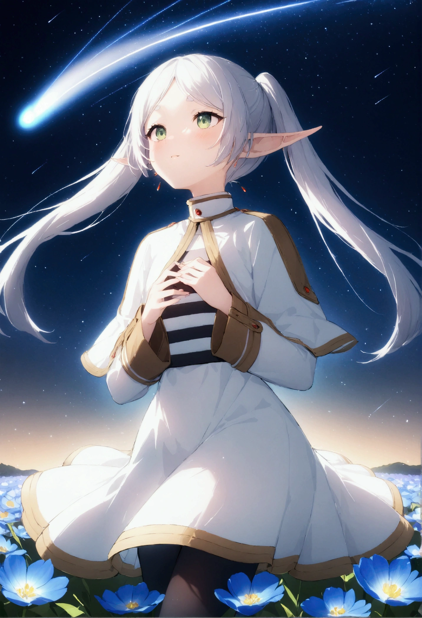  High image quality 、masterpiece、   high quality、Full HD、4K、 standing、 one girl sitting on the ground 、Side view、 Funeral Freelen、 Silver Hair、 twin tails、Green Eyes、Elf Ears、 White Dress 、 striped inner、skirt with gold hem 、Black tights、 flat chest、Blushing cheeks 、 looking up at the sky 、Look Up、Place your hands on your chest、smile、Blue Flower Field、Standing in a flower field、The blue petals are flying、Night Sky、 shooting stars、Meteor Shower