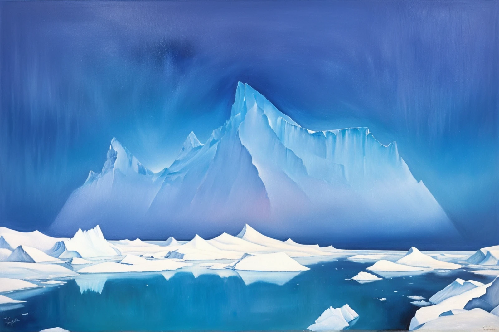 there is a picture on the ice, luminist polar landscape, cold lights soft painting, icebergs, inspired by Jan Rustem, by Jan Rustem, daniel richter, iceberg, blue ice, an ice volcano, icebergs in the background, by Anna Füssli, john schoenherr, surreal frozen landscape,clear sky above