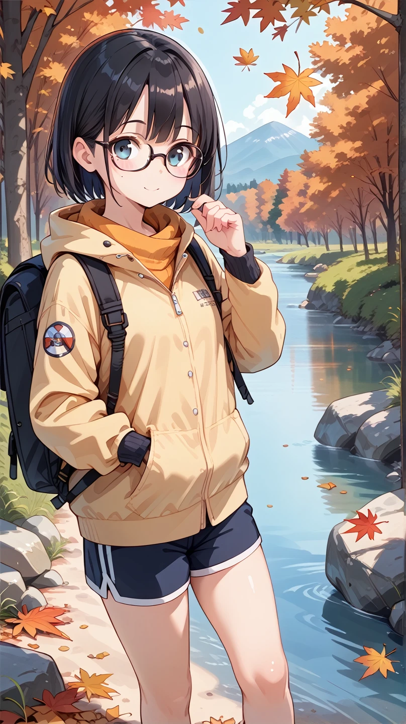  1 girl, Black Hair,Glasses,autumn leaves,hiking