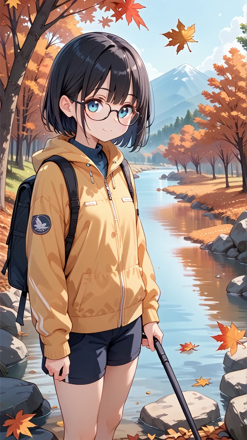  1 girl, Black Hair,Glasses,autumn leaves,hiking