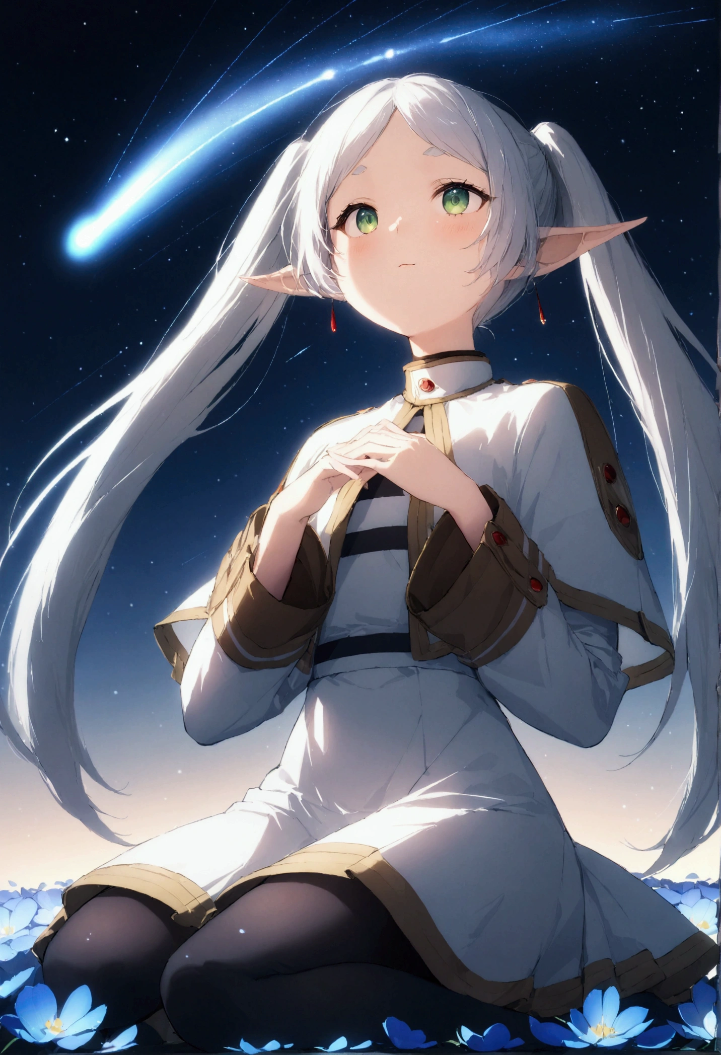  High image quality 、masterpiece、   high quality、Full HD、4K、 standing、 one girl sitting on the ground 、Side view、 Funeral Freelen、 Silver Hair、 twin tails、Green Eyes、Elf Ears、 White Dress 、 striped inner、skirt with gold hem 、Black tights、 flat chest、Blushing cheeks 、 looking up at the sky 、Look Up、Place your hands on your chest、smile、Blue Flower Field、Standing in a flower field、The blue petals are flying、Night Sky、 shooting stars、Meteor Shower