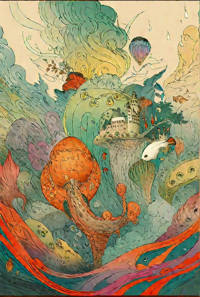 There is a picture of a woman riding a bicycle underwater,  Whimsical Fantasy Scenery , Surreal concept art,  4k Highly Detailed Digital Art, Highly detailed official artwork,  fantasy matte painting， Fantasy Painting Style ,  Colorful Concept Art ,  magical realism matte painting,   Epic Surrealism 8k Oil Painting  、Inspired by Katsuya Terada、 Terada Katsuya's Style