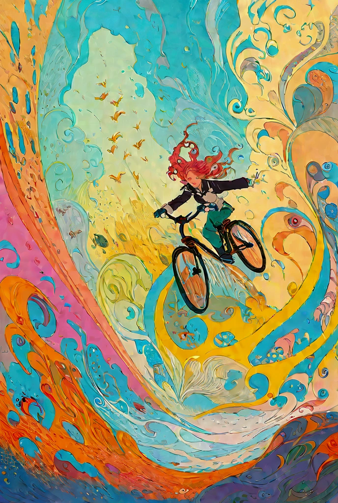 There is a picture of a woman riding a bicycle underwater,  Whimsical Fantasy Scenery , Surreal concept art,  4k Highly Detailed Digital Art, Highly detailed official artwork,  fantasy matte painting， Fantasy Painting Style ,  Colorful Concept Art ,  magical realism matte painting,   Epic Surrealism 8k Oil Painting  、Inspired by Katsuya Terada、 Terada Katsuya's Style