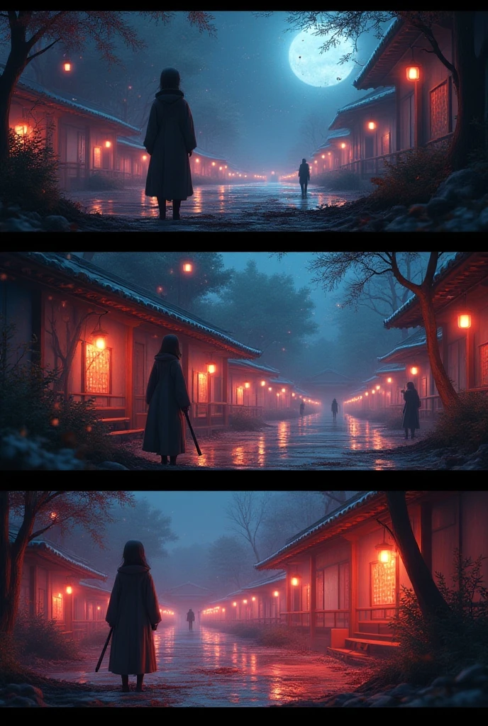 A beautiful detailed triptych, hyperrealistic manga RPG style, vibrant colors, highly detailed characters reminiscent of Sweet Home, intricate horror backgrounds, dramatic lighting, masterful composition, photorealistic render, cinematic atmosphere