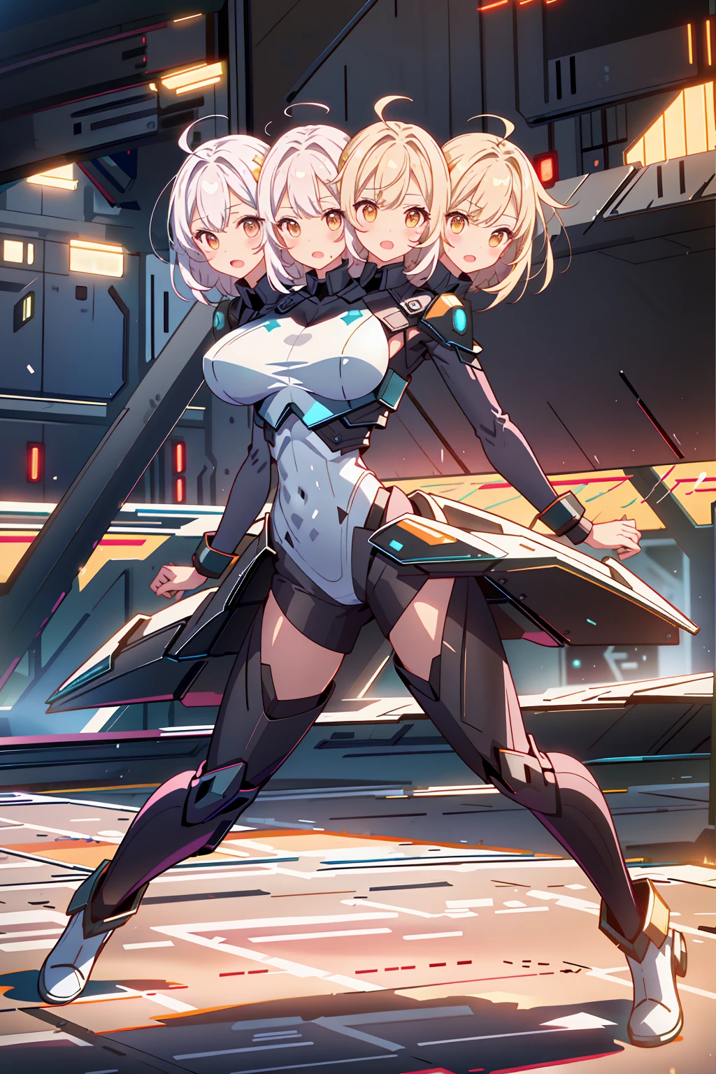 (masterpiece, best quality), best resolution, 16k, close-up shot, BREAK 1girl, solo, (3heads: 1.5), long hair, scifi, star on the head, ahoge, bodysuit ,headset, electric suit, futuristic suit, futuristic device, suit with star patterns, white clothes, light color clothes, colorful, BREAK pink stripes, yellow stripes, lightblue stripes, BREAK running, serious, open mouth, raise one arm, BREAK detailed shadow, glowing sripes, high lighting, cyber futuristic city