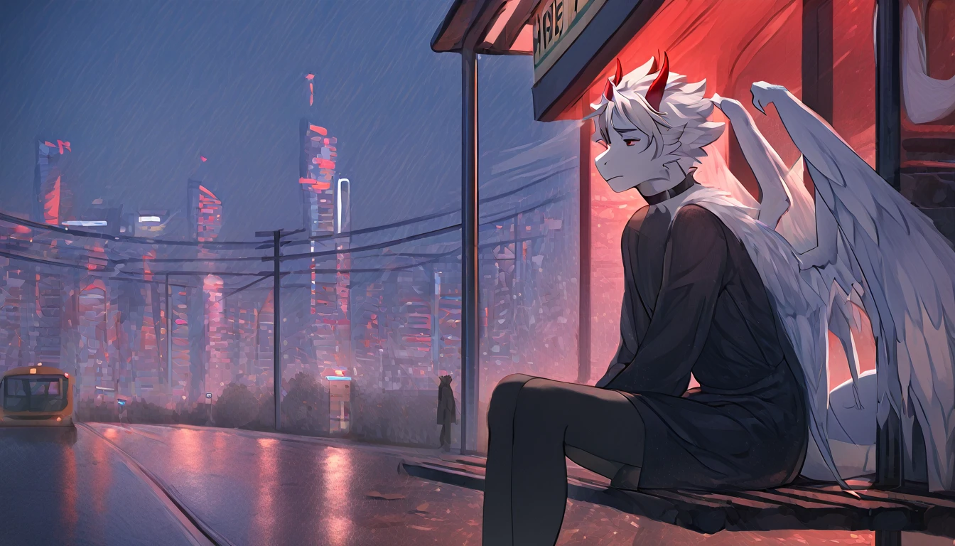 White Dragon Fluffy Red Horned Skinny Femboy All White Evening Dress Cool White Wings White Hair City Place Rain Fairy Wings Handsome Hair Sad Hairstyle Handsome Face Sitting at Bus Stop 4k Picture Handsome Looking Dragon