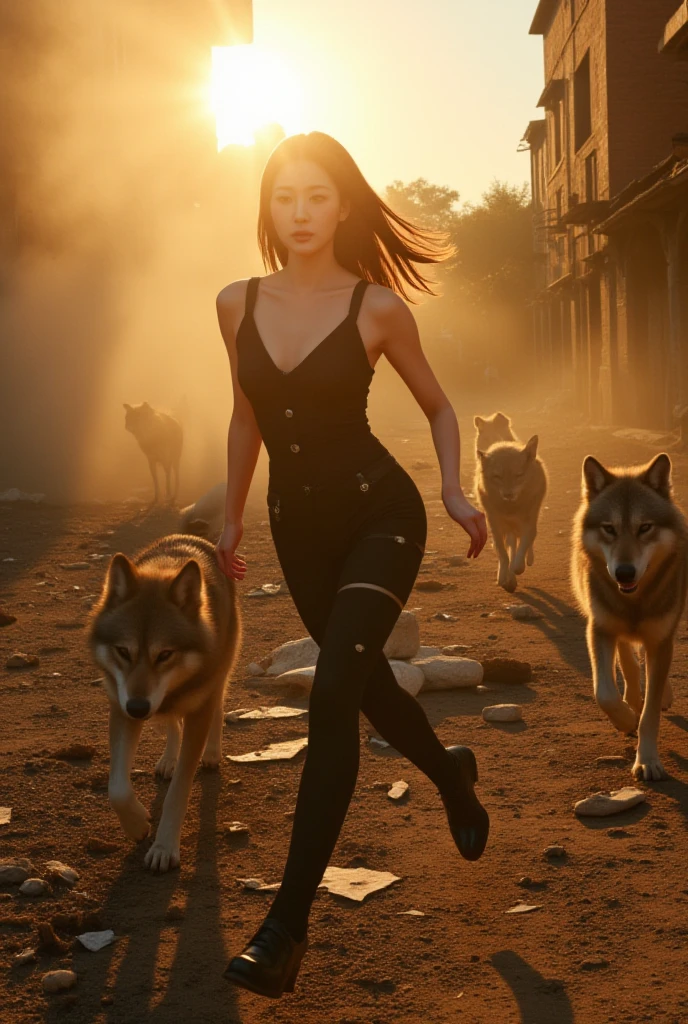 A photorealistic, angled top-down shot from a second-story perspective, showing a Korean woman in a sexy, fitted military outfit running through a chaotic, explosion-filled environment, pursued by a pack of wolves. Evening sunlight floods the scene, casting dramatic shadows and adding warmth to the abandoned buildings. The wolves are close behind, captured mid-stride, adding energy and intensity to this high-action, thrilling moment.