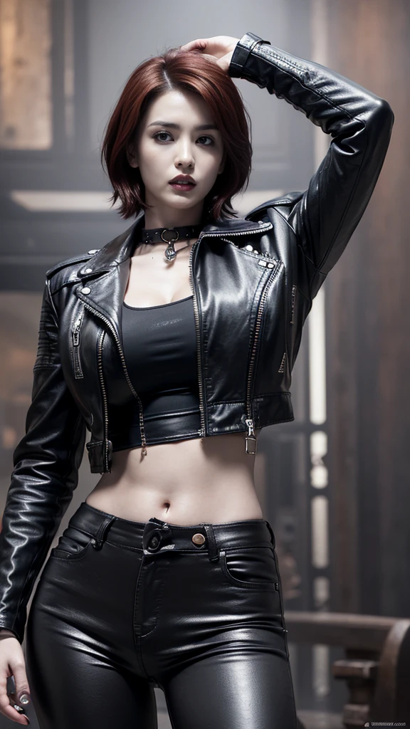 solo, ( turn your gaze ),  Hi-Res, masterpiece,  anatomically correct, Best Quality,  Ultra High Definition,  textured skin, 8K Octane, woman、 short red hair parted in the center、Slanted Eyes、tough face、Leather jacket and leather pants、 bewitching atmosphere 、((Goth Makeup)), ((The background is ruins)),Artistic, 