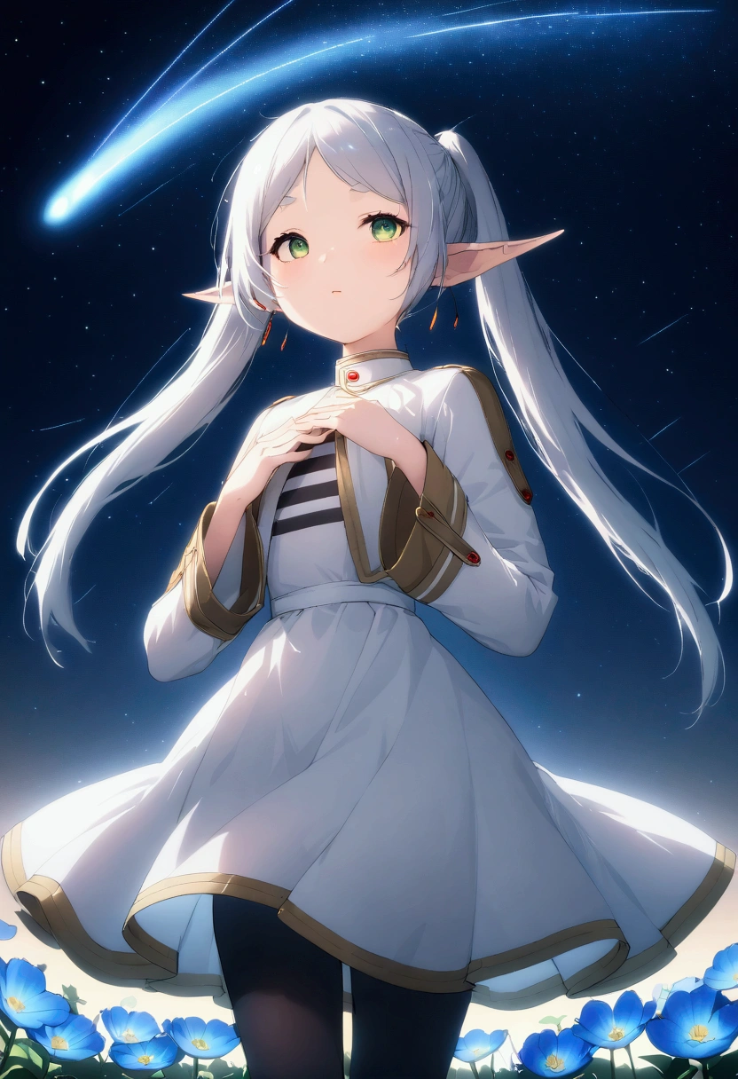  High image quality 、masterpiece、   high quality、Full HD、4K、 standing、 one girl sitting on the ground 、Side view、 Funeral Freelen、 Silver Hair、 twin tails、Green Eyes、Elf Ears、 White Dress 、 striped inner、skirt with gold hem 、Black tights、 flat chest、Blushing cheeks 、 looking up at the sky 、Look Up、Place your hands on your chest、smile、Blue Flower Field、Standing in a flower field、The blue petals are flying、Night Sky、 shooting stars、Meteor Shower