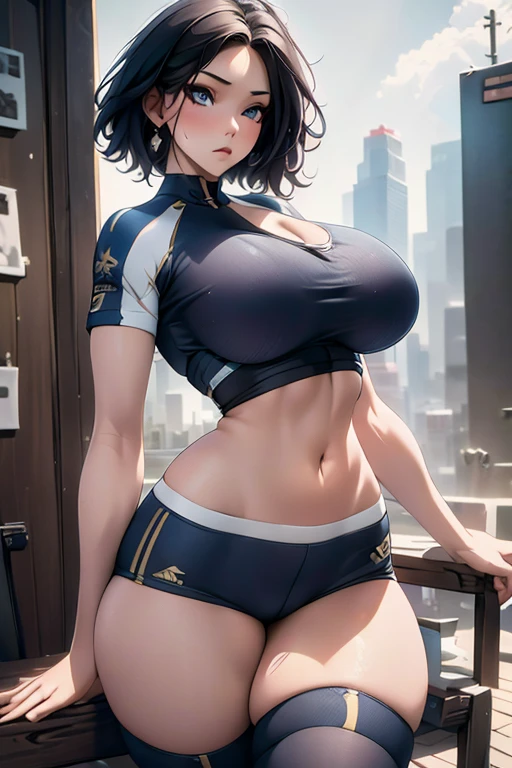 A girl with black hair, a short bob, wearing a black sports suit and short shorts, with big breasts and a big butt, wide thighs and legs, and a face with green eyes.