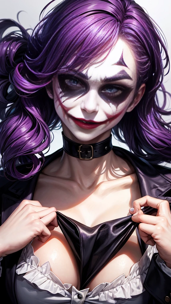 a female clown who has features of the Joker with unique makeup, purple hair, a scar on his face, a wider smile, looks scarier and has a red nose, nude