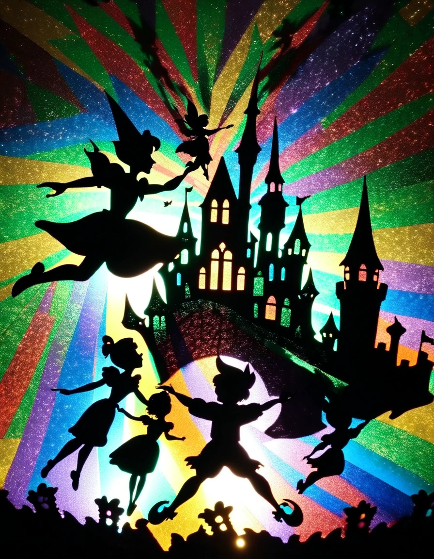 Shadow art using colored cellophane, Peter Pan themed shadow art, Peter Pan and Wendy flying through the stars, castles made of colored cellophane, shining stars