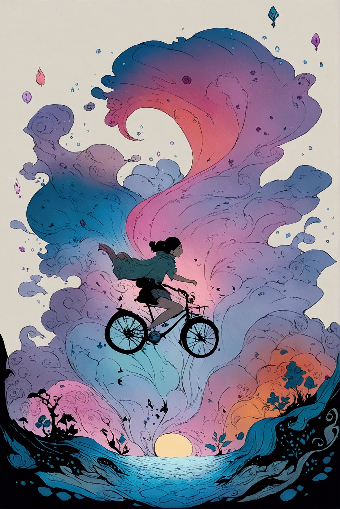 There is a picture of a woman riding a bicycle underwater,  Whimsical Fantasy Scenery , Surreal concept art,  4k Highly Detailed Digital Art, Highly detailed official artwork,  fantasy matte painting， Fantasy Painting Style ,  Colorful Concept Art ,  magical realism matte painting,   Epic Surrealism 8k Oil Painting  、Inspired by Katsuya Terada、 Terada Katsuya's Style