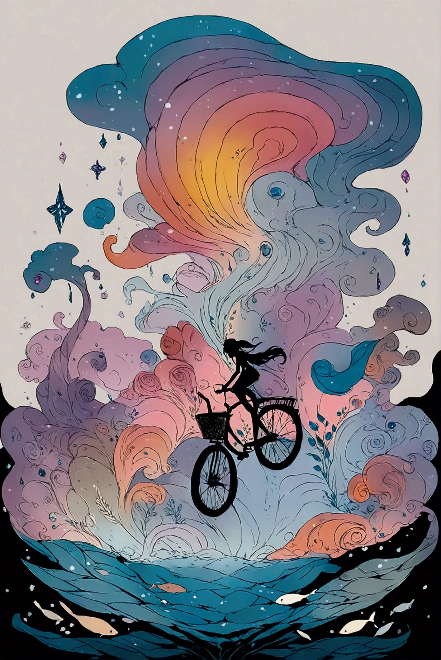 There is a picture of a woman riding a bicycle underwater,  Whimsical Fantasy Scenery , Surreal concept art,  4k Highly Detailed Digital Art, Highly detailed official artwork,  fantasy matte painting， Fantasy Painting Style ,  Colorful Concept Art ,  magical realism matte painting,   Epic Surrealism 8k Oil Painting  、Inspired by Katsuya Terada、 Terada Katsuya's Style