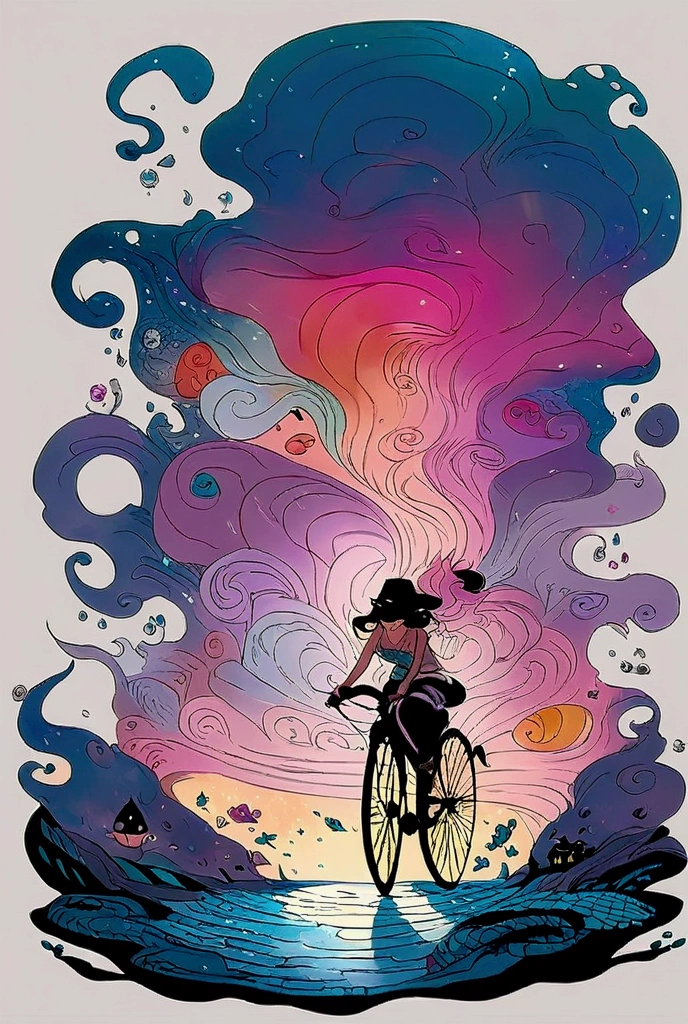 There is a picture of a woman riding a bicycle underwater,  Whimsical Fantasy Scenery , Surreal concept art,  4k Highly Detailed Digital Art, Highly detailed official artwork,  fantasy matte painting， Fantasy Painting Style ,  Colorful Concept Art ,  magical realism matte painting,   Epic Surrealism 8k Oil Painting  、Inspired by Katsuya Terada、 Terada Katsuya's Style