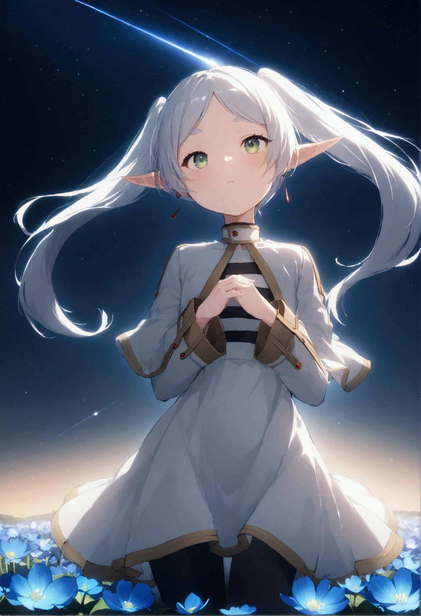  High image quality 、masterpiece、   high quality、Full HD、4K、 standing、 one girl sitting on the ground 、Side view、 Funeral Freelen、 Silver Hair、 twin tails、Green Eyes、Elf Ears、 White Dress 、 striped inner、skirt with gold hem 、Black tights、 flat chest、Blushing cheeks 、 looking up at the sky 、Look Up、Place your hands on your chest、smile、Blue Flower Field、Standing in a flower field、The blue petals are flying、Night Sky、 shooting stars、Meteor Shower