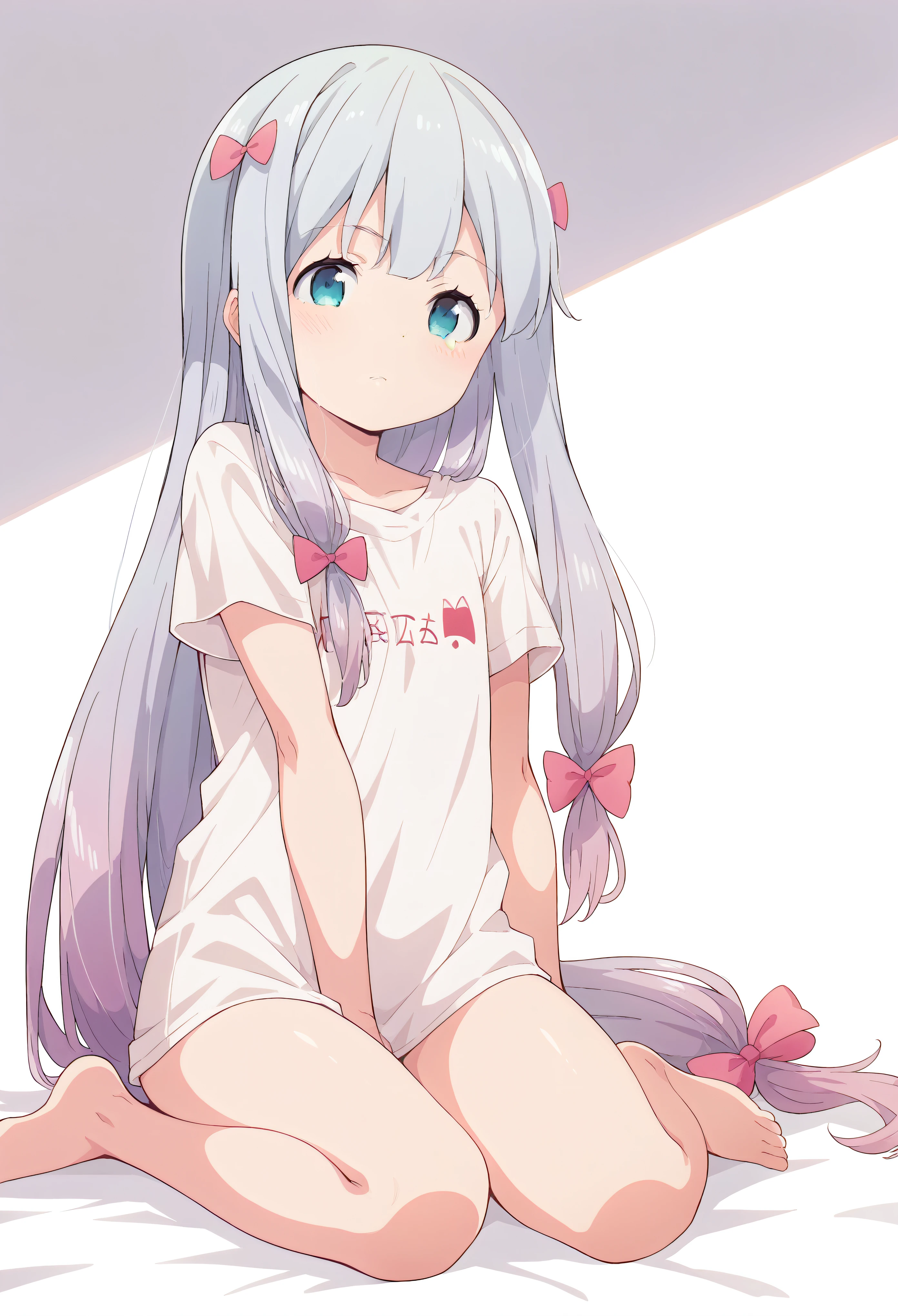 score_9, score_8_up, score_7_up, source_anime,
sagiriizumi, sagiri izumi, long hair, blue eyes, bow, hair bow, silver and purple hair, pink bow, flat chest, white t-shirt, a closeup, sexy legs, on her room