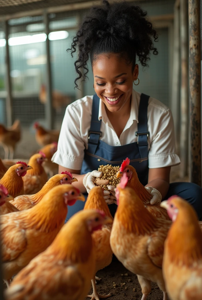 Rihanna feeding poultry birds wearing a uniform giving food to the birds in a cage smiling