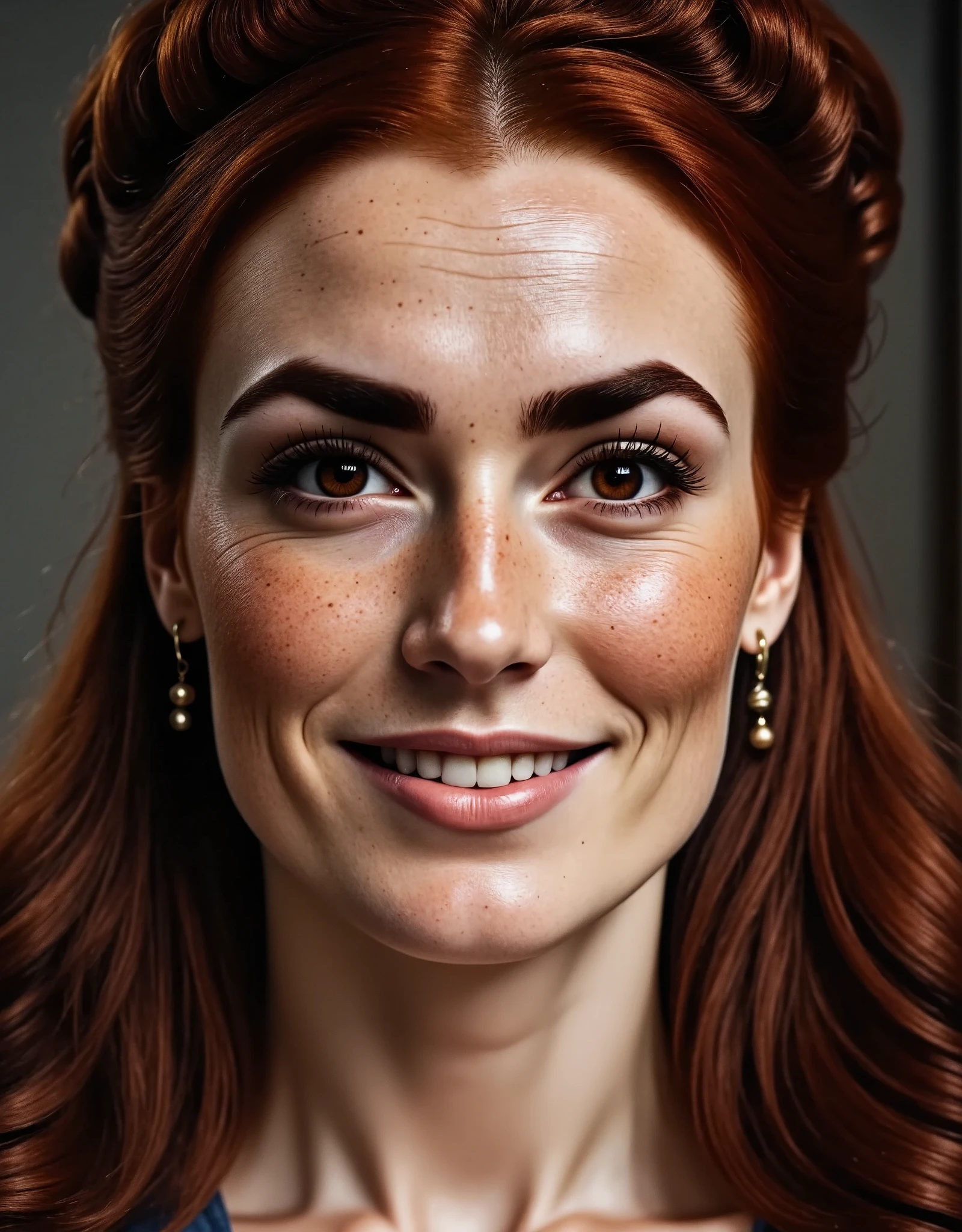 Photorealistic, cinematic style, close-up portrait picture of a mature beautiful British woman. She has Brown eyes, downturned eye shape.  looking in the camera. Smile. She has long reddish-brown hair, gathered up hairdo. Perfect hand,HDR, intricate details,