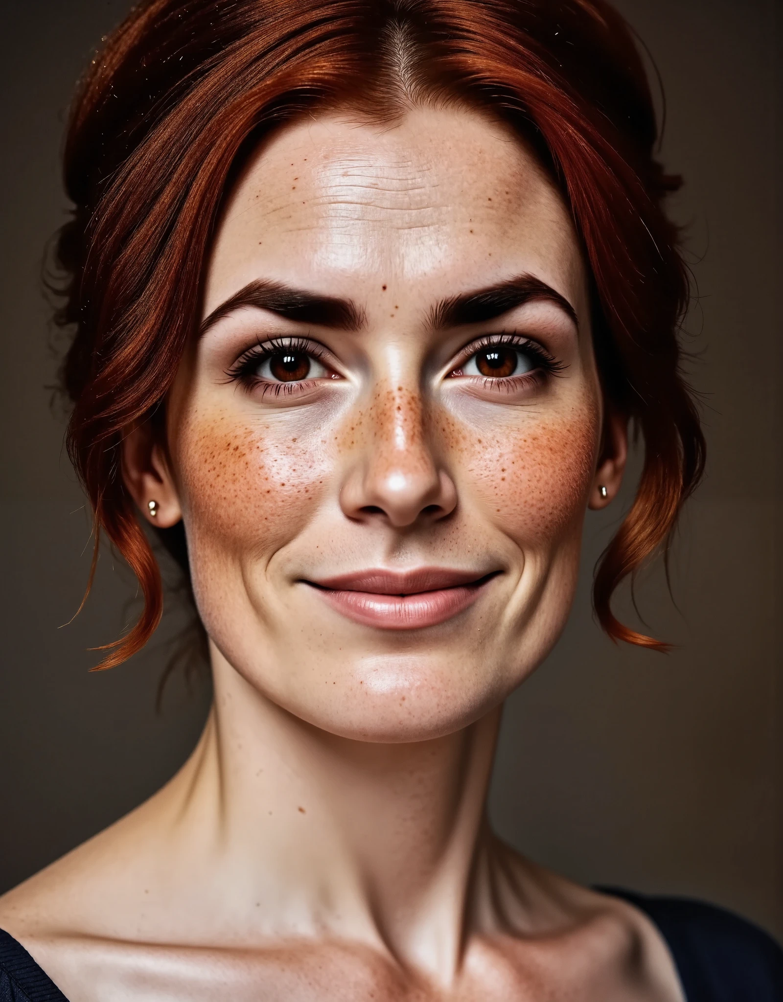 Photorealistic, cinematic style, close-up portrait picture of a mature beautiful British woman. She has Brown eyes, downturned eye shape.  looking in the camera. Smile. She has long reddish-brown hair, gathered up hairdo. Perfect hand,HDR, intricate details,