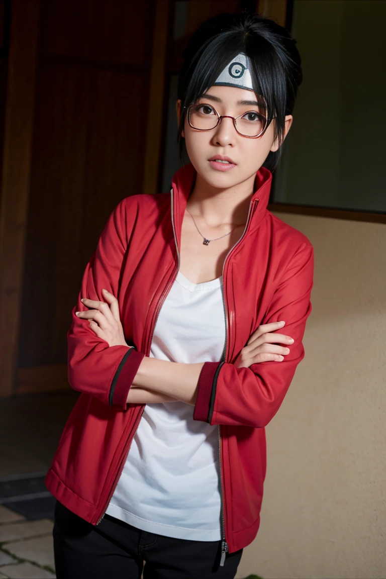 Sarada Uchiha from Boruto, red shirt with zipper on the chest, black eyes and red glasses, short black hair bob,Realistic,white skin,8K good quality,Red headband with Konoha village symbol,Teenage Girl