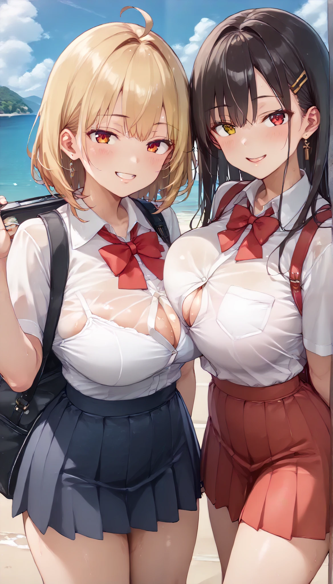 masterpiece, Highest quality, Beautiful face and eyes in every detail, Two Girls, Cute idol, Cool Idol, Event Stage, Cool idol costumes, sing, Laughter,（hyper Huge breasts:1.9)(shirtlift:1.8),(nipple:1.5),(Top view:1.4),(Side by side:1.7),(slouch:1.7),(pov breasts grab:1.8),(nsfw:1.7),( hold one's chest with one's arms:1.5),grin