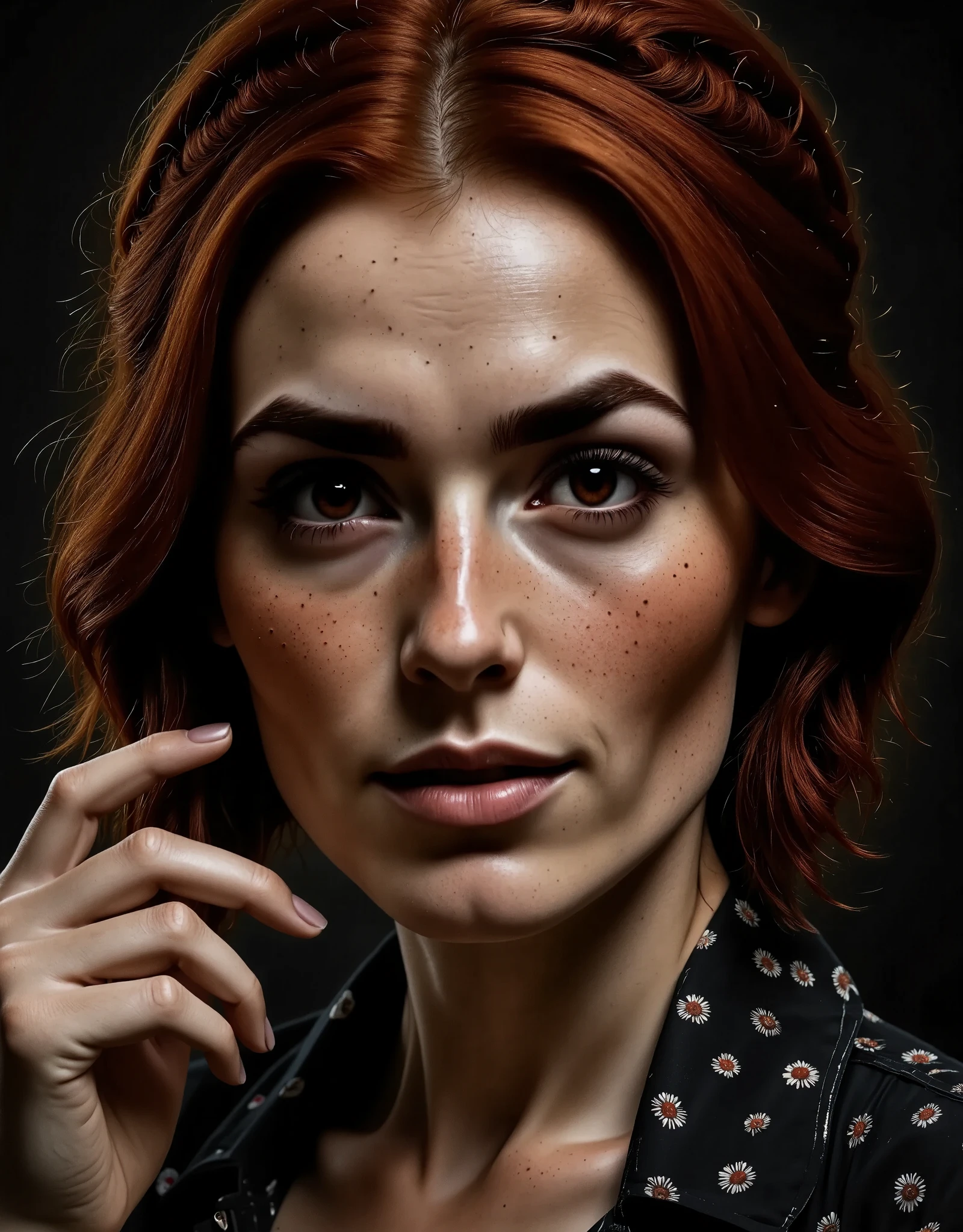 Photorealistic, cinematic style, close-up portrait picture of a beautiful British woman. She has Brown eyes, downturned eye shape.  looking in the camera. She has long reddish-brown hair, gathered up hairdo. Perfect hand,HDR, intricate details,