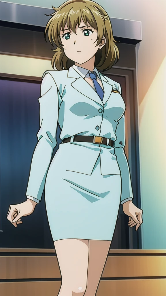 Brown Hair、 medium hair、Green Eyes，悲しいface， Full Body Style 、 normal breasts、 narrow waist 、Bare legs、In a suit、 blue jacket ,襟付きshirt, shirt, yellow tie ,belt,,  Blue Mini Pencil Skirt, black tights，White pumps，My legs are slightly flabby， OFFICIAL ART, Extremely Fine CG Unity 8k Wallpaper ,  full light, colorful , bright _ Front_face_Lighting,  shiny skin, ( masterpiece:1.0),(Highest_quality:1.0), 超 Hi-Res,4K,Ultra-detailed, photo shoot, 8k,  Hi-Res,  Hi-Res,  absurd:1.2,  Kodak Portra 400,  Film Grain ,  blurry background, Bokeh:1.2,  lens flare , ( lively_ color:1.2), Professional photography,Anime Images、