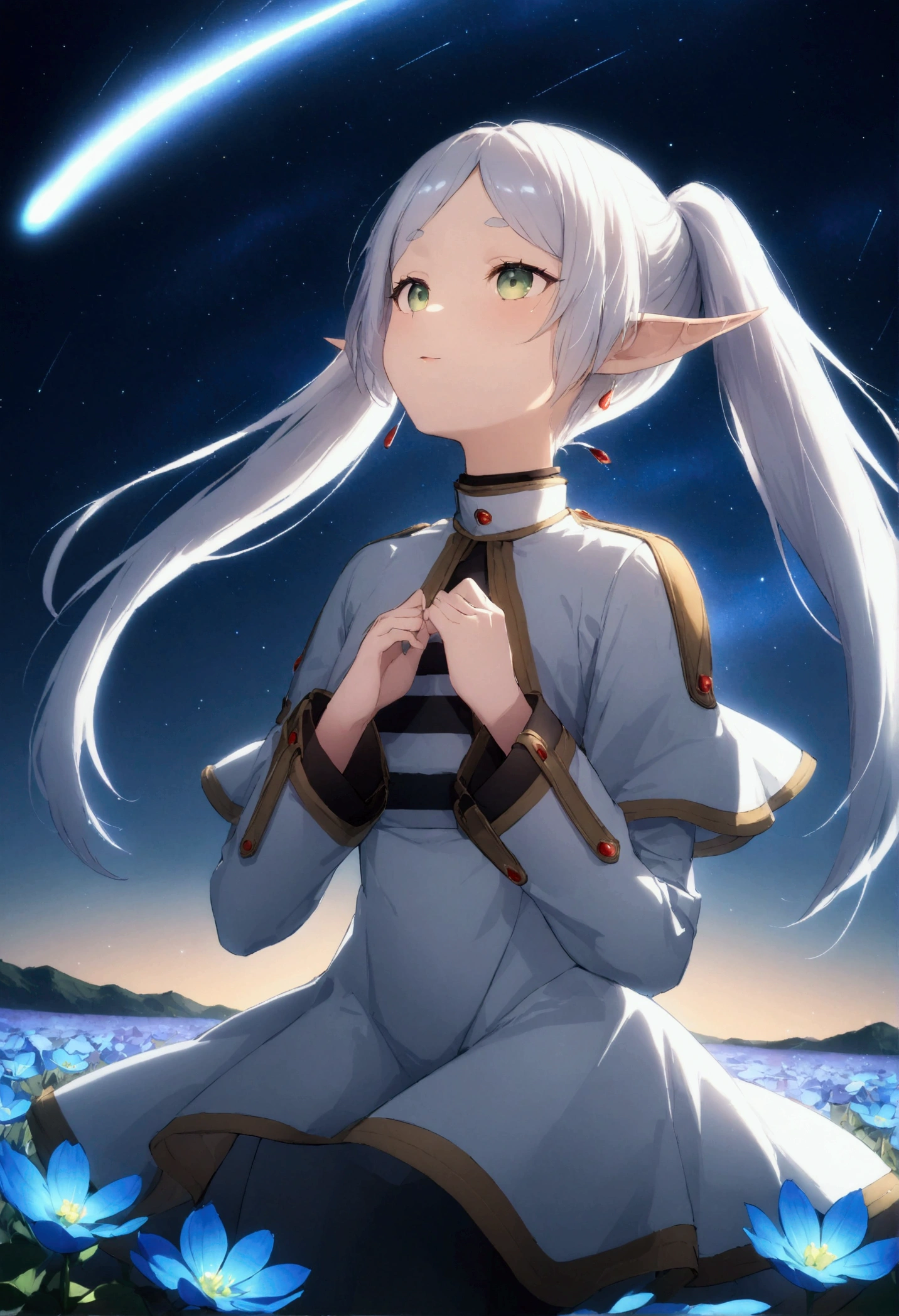  High image quality 、masterpiece、   high quality、Full HD、4K、 standing、 one girl sitting on the ground 、Side view、 Funeral Freelen、 Silver Hair、 twin tails、Green Eyes、Elf Ears、 White Dress 、 striped inner、skirt with gold hem 、Black tights、 flat chest、Blushing cheeks 、 looking up at the sky 、Look Up、Place your hands on your chest、smile、Blue Flower Field、Standing in a flower field、The blue petals are flying、Night Sky、 shooting stars、Meteor Shower