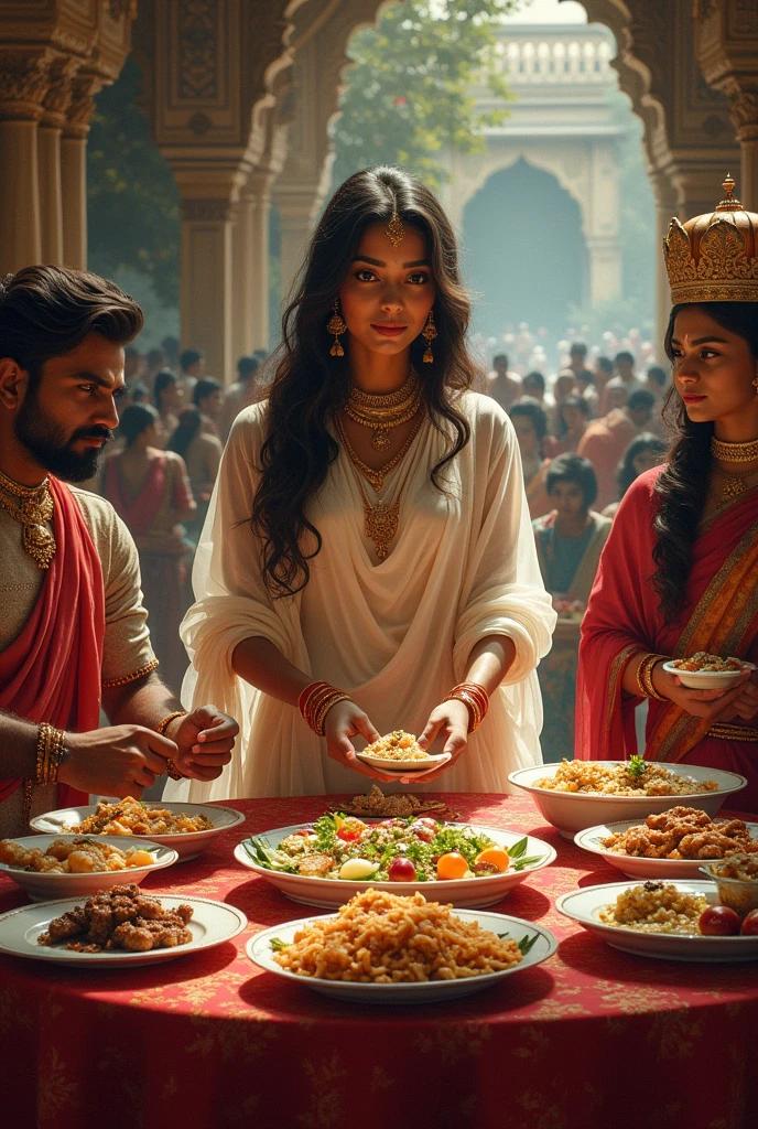  Queen of Persia sitting at a table with the king of Persia and an officer of the king at a banquet add golden cups in their hand