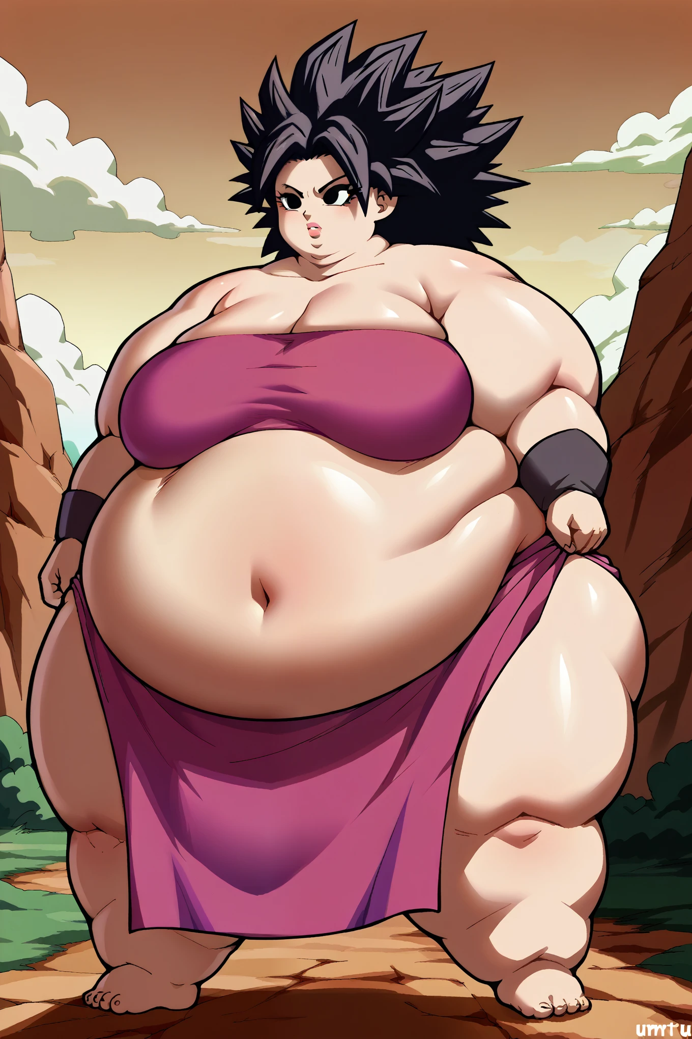 Girl becoming a monster, becoming a troll, fat, chubby, obese, fabric clothes, loincloth , 1girl, 1girl, caulifla, spiked hair, black hair, black eyes, no pupils, big ears, big nose, big lips, 900 pounds, 10 ft tall, hunchback, broad shoulders, big belly, gigantic arms and legs, gigantic belly and breasts