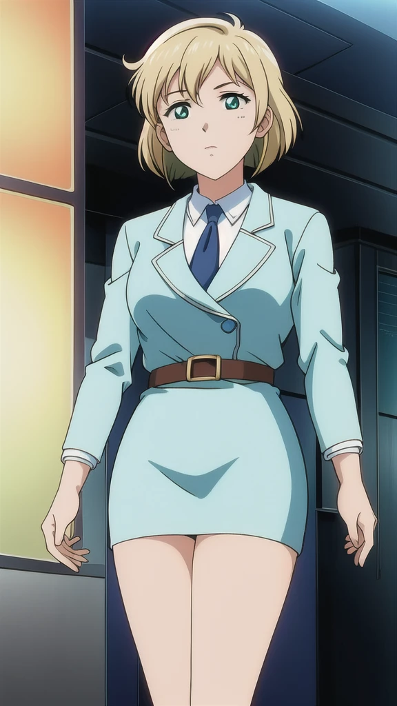 Blonde、 bob cut、Green Eyes、悲しface、 Full Body Style 、 normal breasts、 narrow waist 、Bare legs、 blue jacket ,襟付きshirt, shirt, yellow tie ,belt,,  Blue Mini Pencil Skirt, black tights，White pumps，My legs are slightly flabby， OFFICIAL ART, Extremely Fine CG Unity 8k Wallpaper ,  full light, colorful , bright _ Front_face_Lighting,  shiny skin, ( masterpiece:1.0),(Highest_quality:1.0), 超 Hi-Res,4K,Ultra-detailed, photo shoot, 8k,  Hi-Res,  Hi-Res,  absurd:1.2,  Kodak Portra 400,  Film Grain ,  blurry background, Bokeh:1.2,  lens flare , ( lively_ color:1.2), Professional photography,Anime Images、