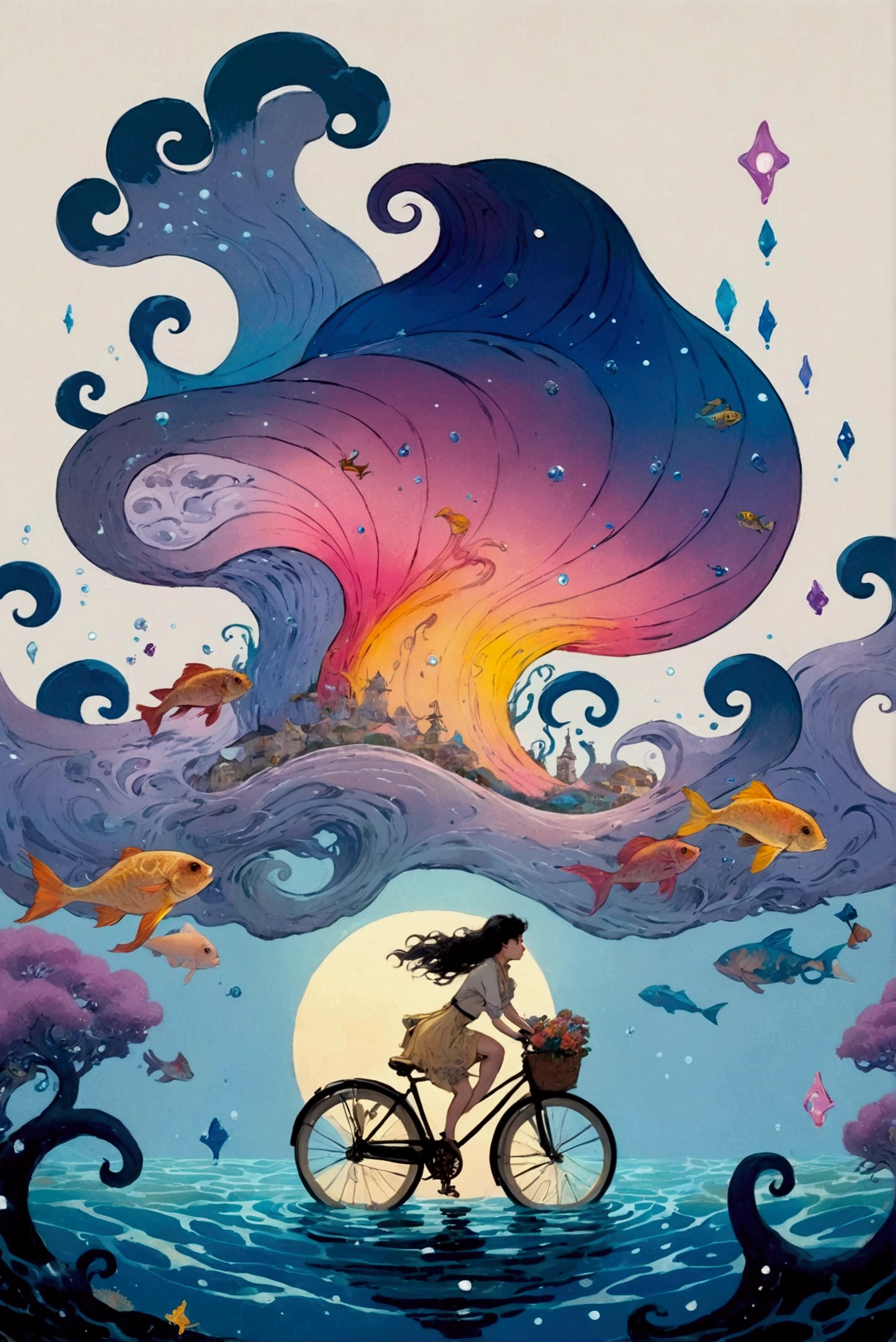 There is a picture of a woman riding a bicycle underwater,  Whimsical Fantasy Scenery , Surreal concept art,  4k Highly Detailed Digital Art, Highly detailed official artwork,  fantasy matte painting， Fantasy Painting Style ,  Colorful Concept Art ,  magical realism matte painting,   Epic Surrealism 8k Oil Painting  、Inspired by Katsuya Terada、 Terada Katsuya's Style