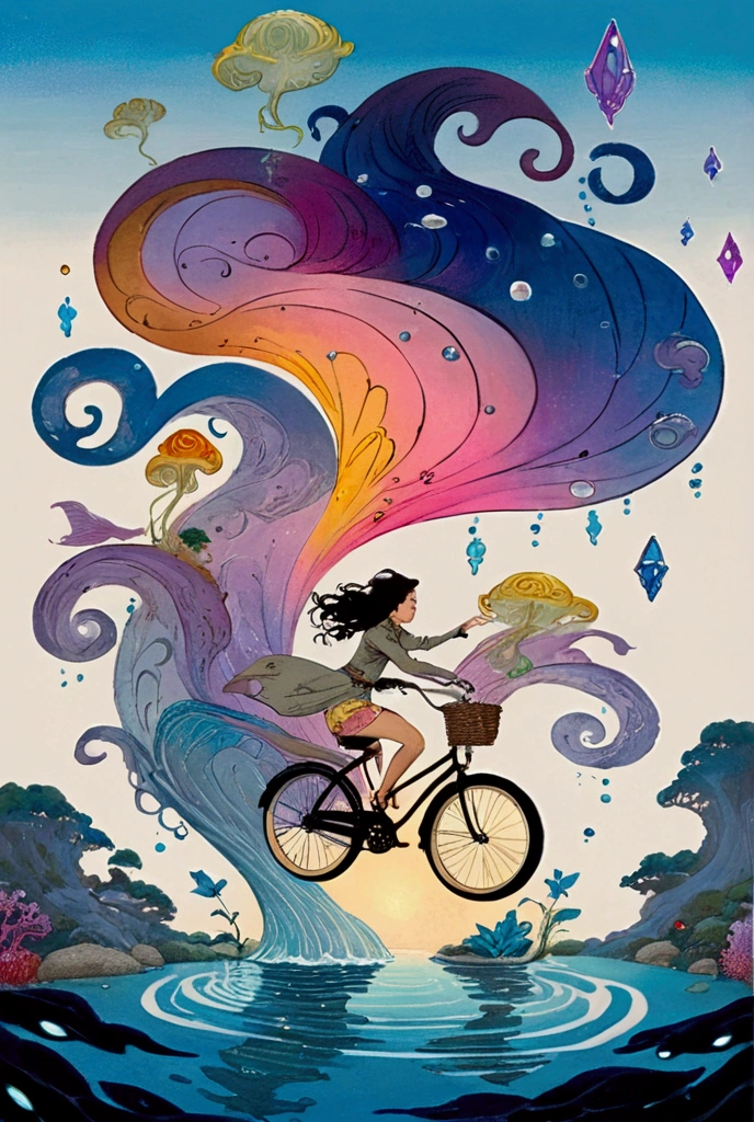 There is a picture of a woman riding a bicycle underwater,  Whimsical Fantasy Scenery , Surreal concept art,  4k Highly Detailed Digital Art, Highly detailed official artwork,  fantasy matte painting， Fantasy Painting Style ,  Colorful Concept Art ,  magical realism matte painting,   Epic Surrealism 8k Oil Painting  、Inspired by Katsuya Terada、 Terada Katsuya's Style