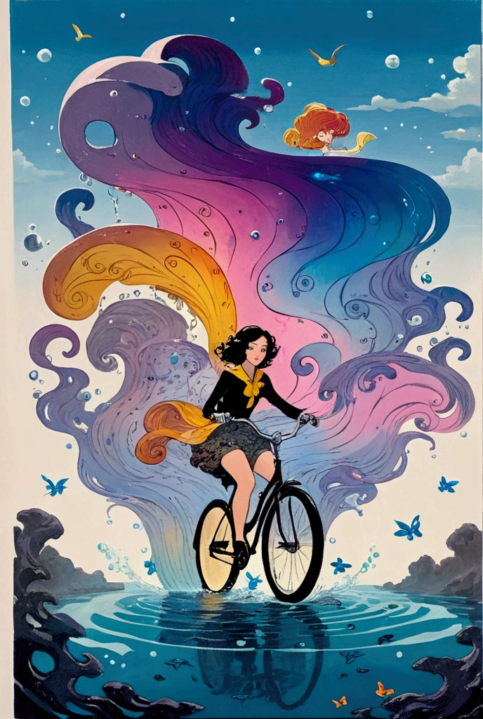 There is a picture of a woman riding a bicycle underwater,  Whimsical Fantasy Scenery , Surreal concept art,  4k Highly Detailed Digital Art, Highly detailed official artwork,  fantasy matte painting， Fantasy Painting Style ,  Colorful Concept Art ,  magical realism matte painting,   Epic Surrealism 8k Oil Painting  、Inspired by Katsuya Terada、 Terada Katsuya's Style