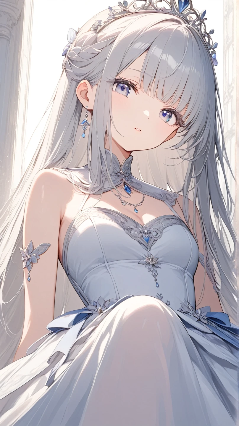 tmasterpiece,Superb image quality,top Quority,Lazy wind,wide blue eyes,White hair,Dull hair,Beast-eared maiden,White tones,sitted,1girll,Solo,adolable,a blue dress,Big hazy eyes,Facial details are exquisite,Beth,onbed,Impeccable,Cute pose,Exquisite clothing,Delicate tiara