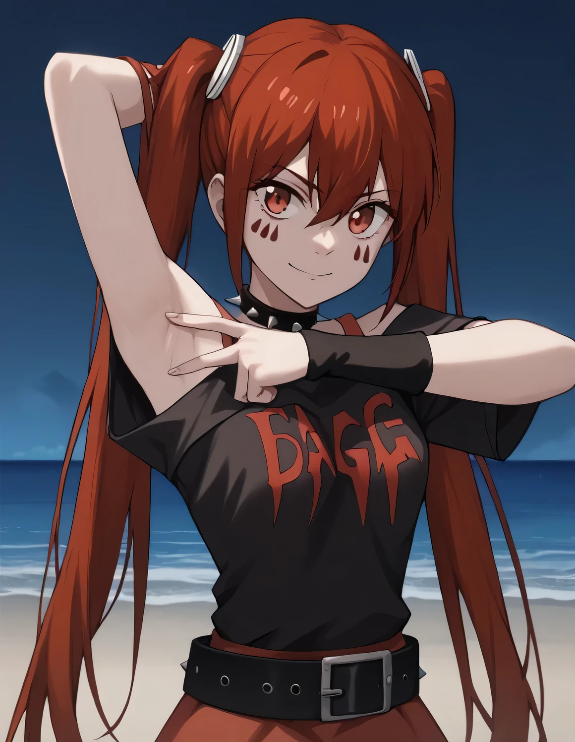 anarchy, long hair, red hair, twintails, red eyes, facial mark, bangs, hair between eyes, medium breasts,
skirt, shirt, bare shoulders, belt, off shoulder, collar, black shirt, red skirt, wristband, spikes, off-shoulder shirt, spiked collar, high quality, closed mouth, looking at viewer, smile, solo, {contrapposto}, spread armpit, arm behind head, upper body, night sky, beach, best quality