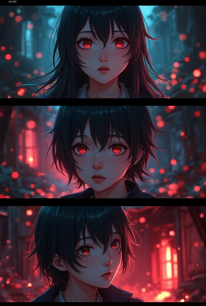 A beautiful detailed triptych, hyperrealistic manga RPG style, vibrant colors, highly detailed characters reminiscent of Sweet Home, intricate horror backgrounds, dramatic lighting, masterful composition, photorealistic render, cinematic atmosphere