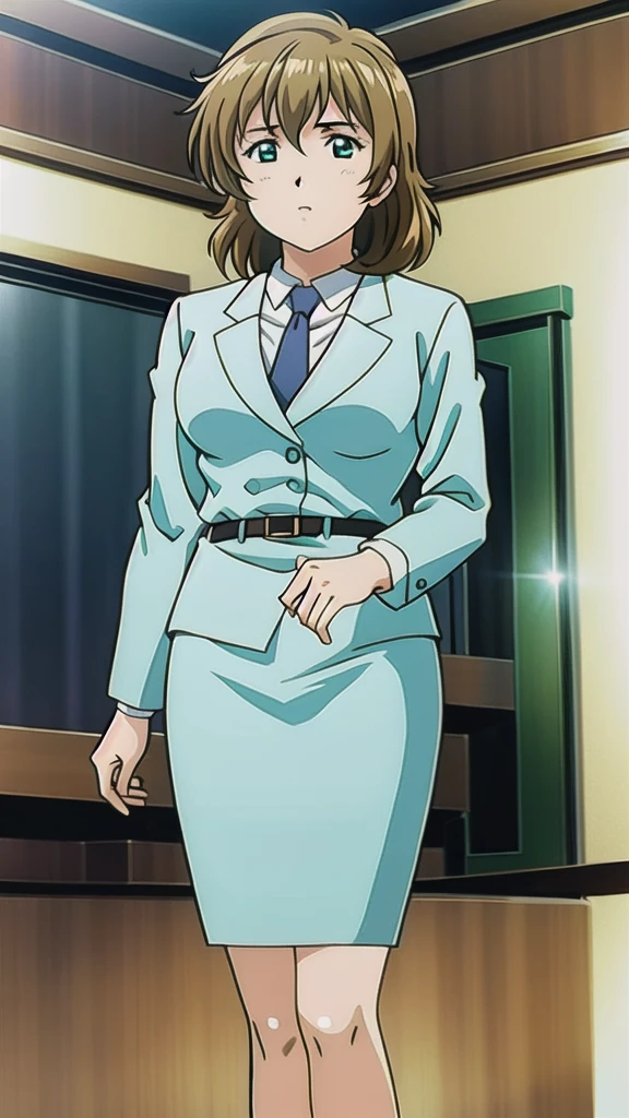 Brown Hair、 medium hair、Green Eyes，悲しいface， Full Body Style 、 normal breasts、 narrow waist 、Bare legs、In a suit、 blue jacket ,襟付きshirt, shirt, yellow tie ,belt,,  Blue Mini Pencil Skirt, black tights，White pumps，My legs are slightly flabby， OFFICIAL ART, Extremely Fine CG Unity 8k Wallpaper ,  full light, colorful , bright _ Front_face_Lighting,  shiny skin, ( masterpiece:1.0),(Highest_quality:1.0), 超 Hi-Res,4K,Ultra-detailed, photo shoot, 8k,  Hi-Res,  Hi-Res,  absurd:1.2,  Kodak Portra 400,  Film Grain ,  blurry background, Bokeh:1.2,  lens flare , ( lively_ color:1.2), Professional photography,Anime Images、