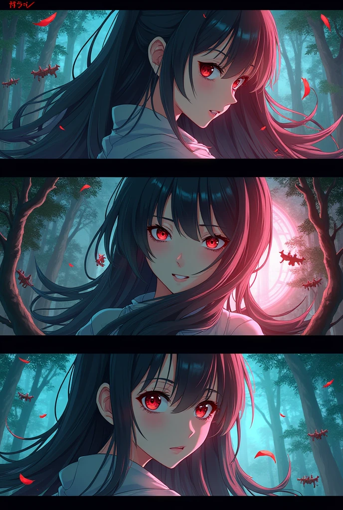 A beautiful detailed triptych, hyperrealistic manga RPG style, vibrant colors, highly detailed characters reminiscent of Sweet Home, intricate horror backgrounds, dramatic lighting, masterful composition, photorealistic render, cinematic atmosphere