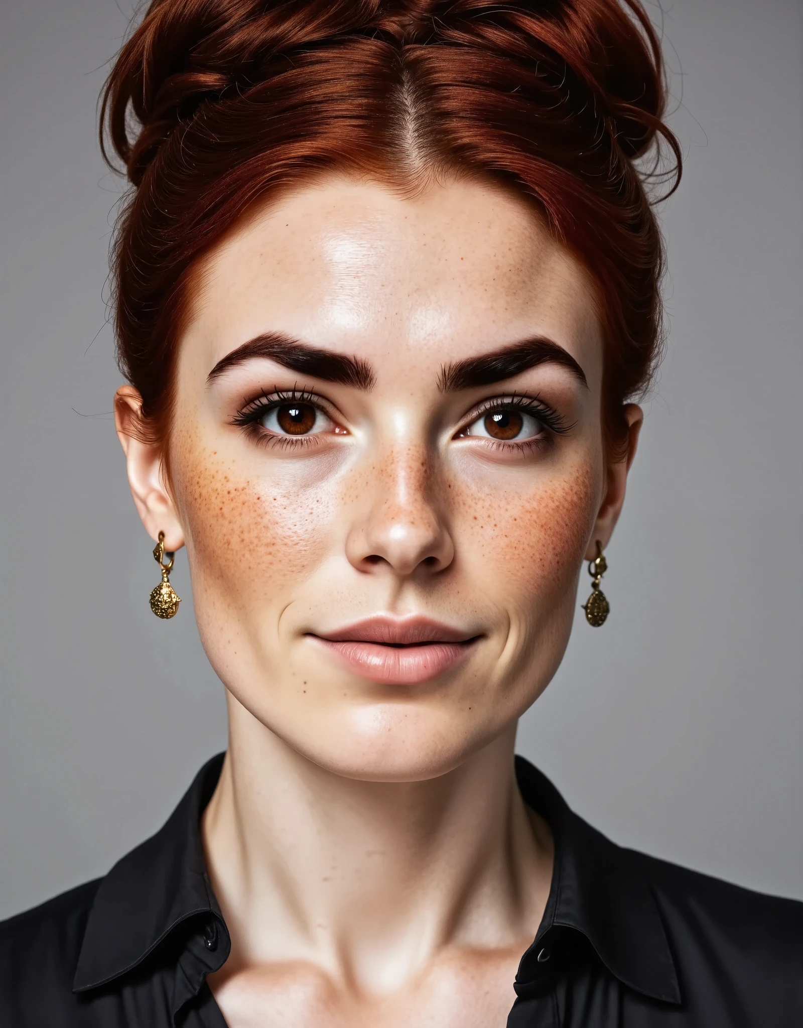 Photorealistic picture, extreme close up facial portrait photography of a beautiful british woman, with brown eyes, downturned eye shape. She has high cheekbones and dark eyebrows. She has reddish-brown hair, hair gathered up to an elegant hairdo. She has very light skin and freckles, slight smile. Her attire includes a black blouse.