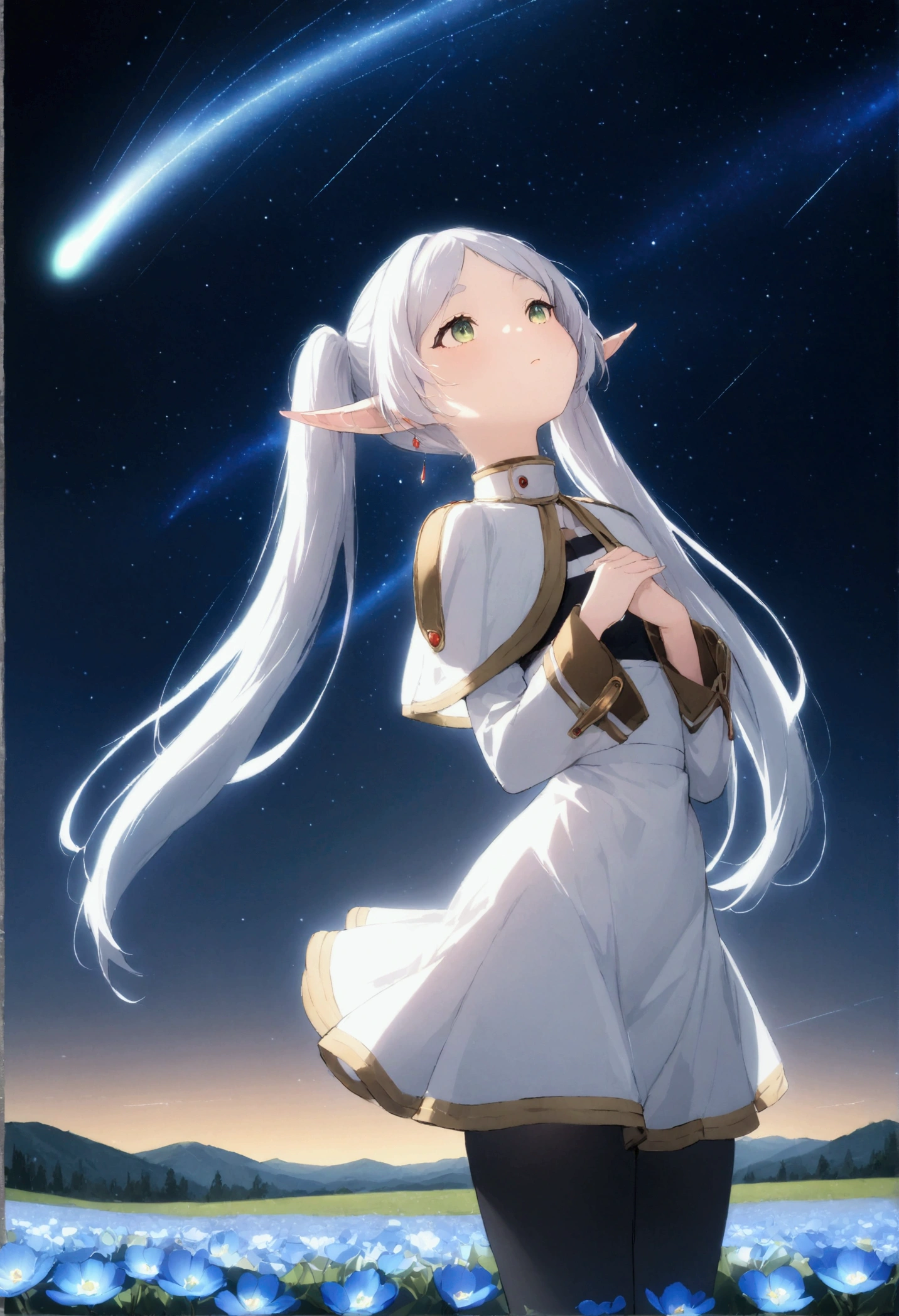  High image quality 、masterpiece、   high quality、Full HD、4K、 standing、 one girl sitting on the ground 、Side view、 Funeral Freelen、 Silver Hair、 twin tails、Green Eyes、Elf Ears、 White Dress 、 striped inner、skirt with gold hem 、Black tights、 flat chest、Blushing cheeks 、 looking up at the sky 、Look Up、Place your hands on your chest、smile、Blue Flower Field、Standing in a flower field、The blue petals are flying、Night Sky、 shooting stars、Meteor Shower